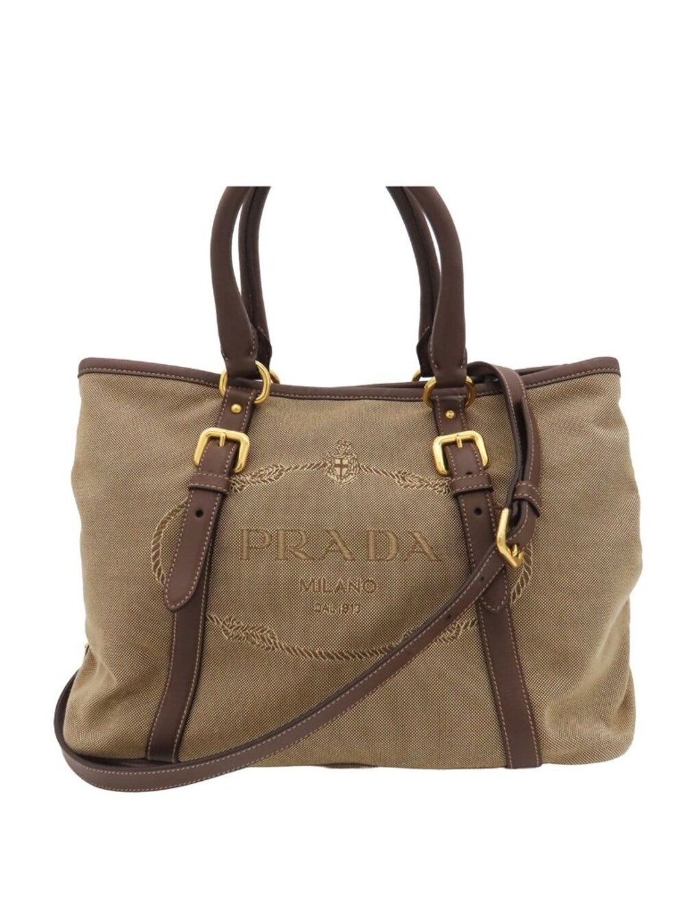 Prada Logo Tote Beige Dark Brown Leather Jacquard Canvas 2-Way Handbag